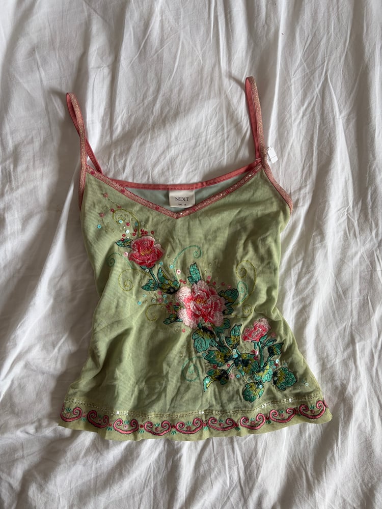 Vintage Y2K green and pink fairy sequin floral cami