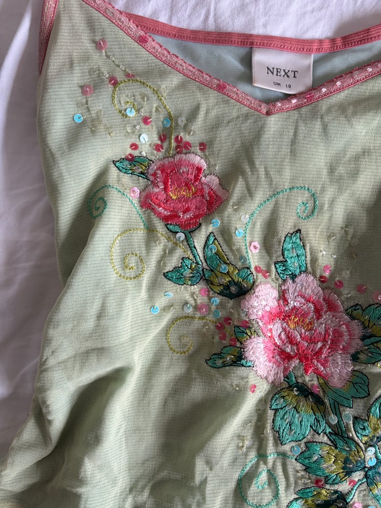 Vintage Y2K green and pink fairy sequin floral cami