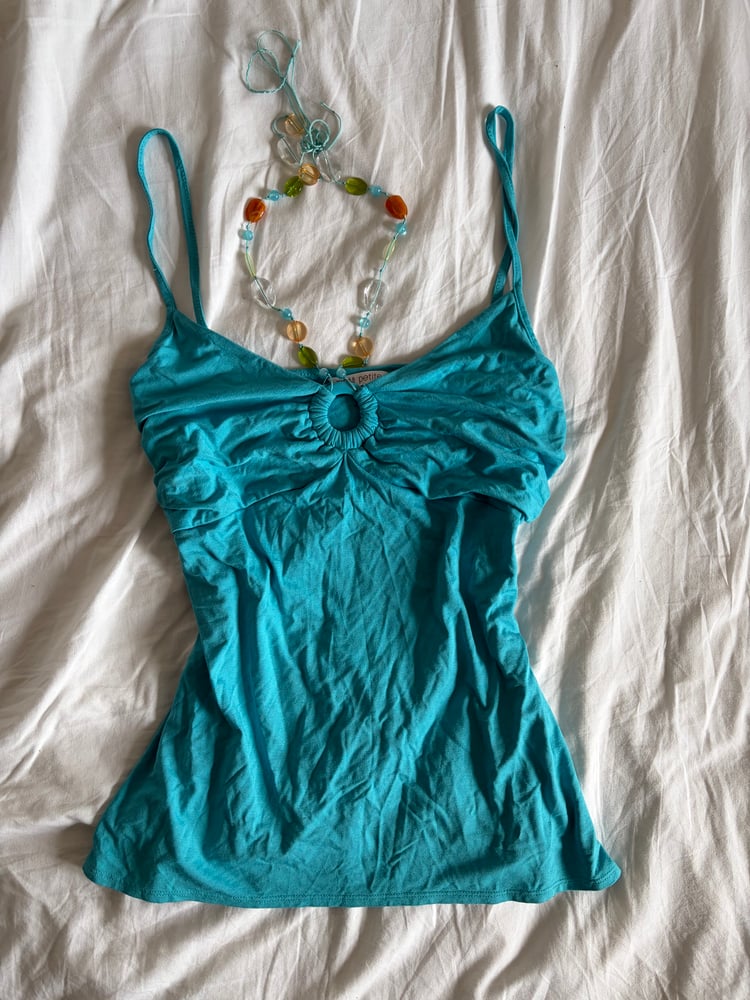 Vintage Y2K turquoise cami with o ring detail and built in necklace