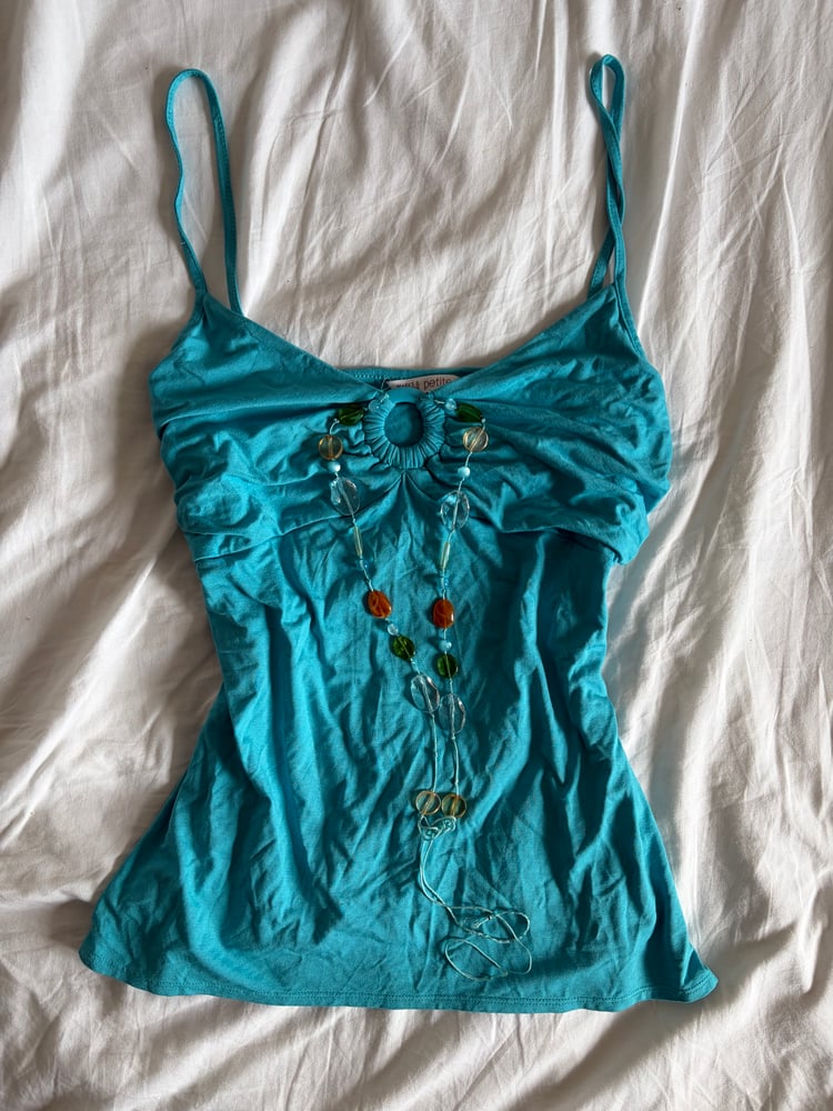 Vintage Y2K turquoise cami with o ring detail and built in necklace