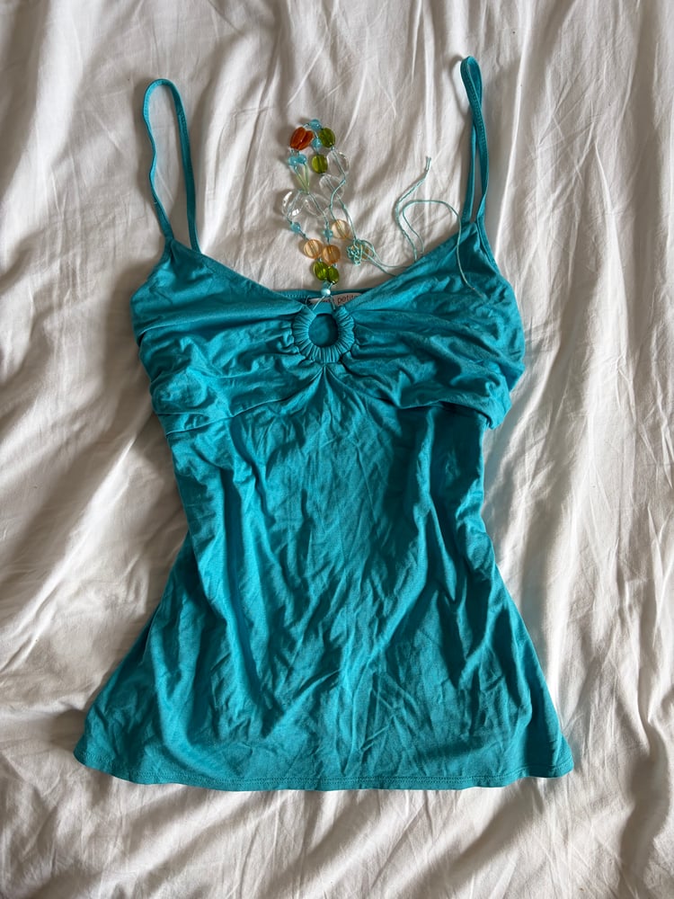 Vintage Y2K turquoise cami with o ring detail and built in necklace