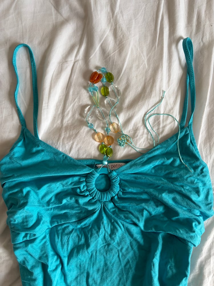 Vintage Y2K turquoise cami with o ring detail and built in necklace