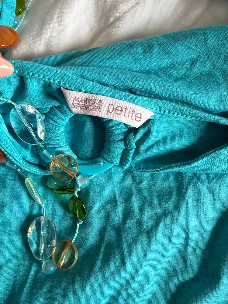 Vintage Y2K turquoise cami with o ring detail and built in necklace