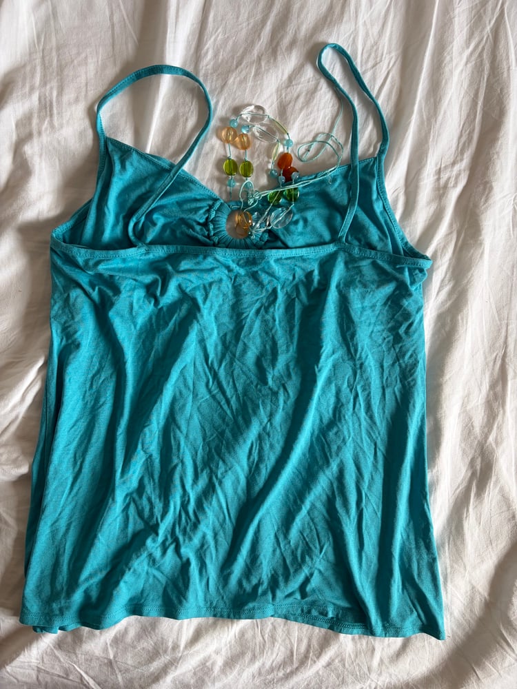 Vintage Y2K turquoise cami with o ring detail and built in necklace