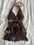 Vintage Y2K chocolate brown silk sequin handkerchief hem top