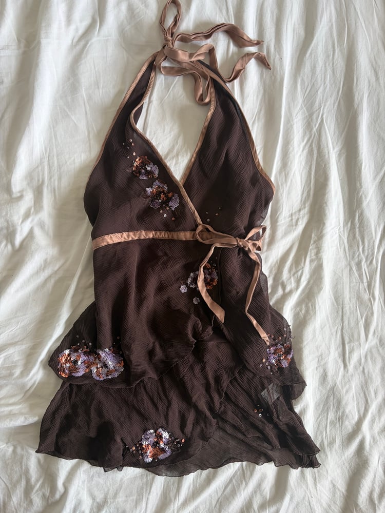 Vintage Y2K chocolate brown silk sequin handkerchief hem top