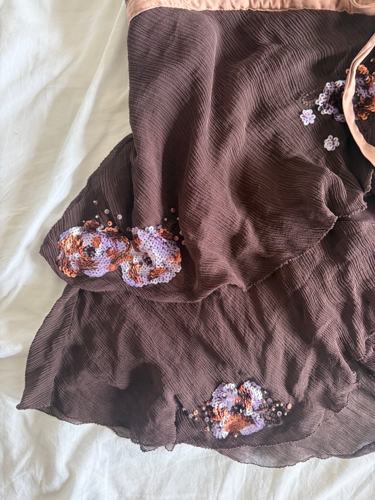 Vintage Y2K chocolate brown silk sequin handkerchief hem top