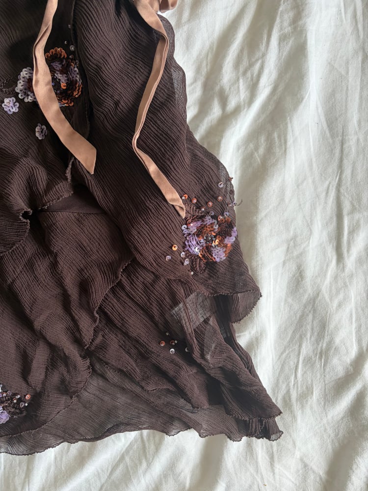 Vintage Y2K chocolate brown silk sequin handkerchief hem top