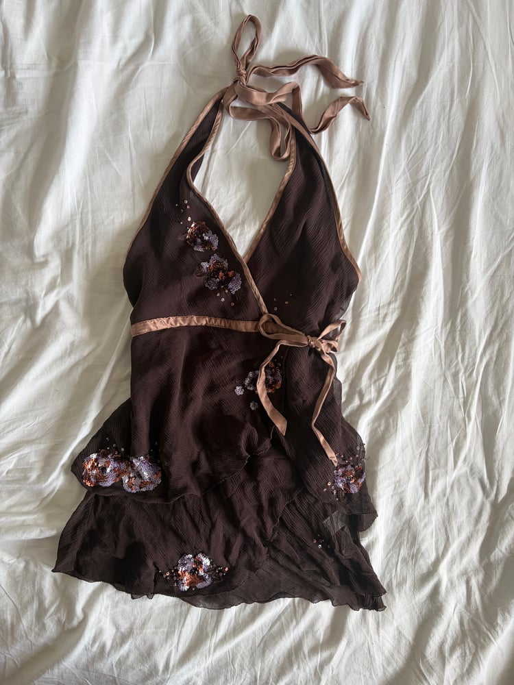 Vintage Y2K chocolate brown silk sequin handkerchief hem top