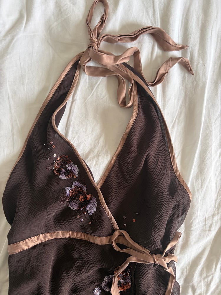 Vintage Y2K chocolate brown silk sequin handkerchief hem top