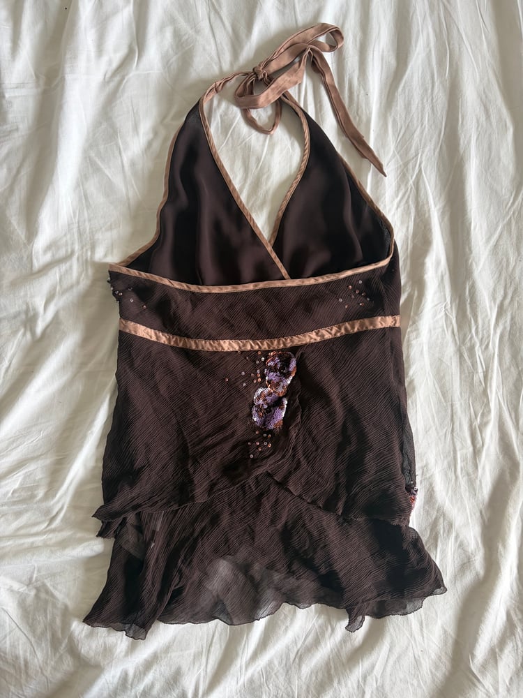 Vintage Y2K chocolate brown silk sequin handkerchief hem top