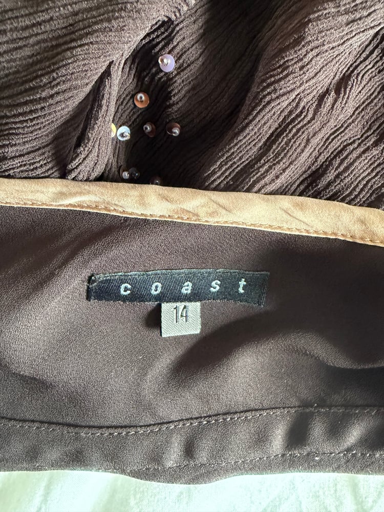 Vintage Y2K chocolate brown silk sequin handkerchief hem top
