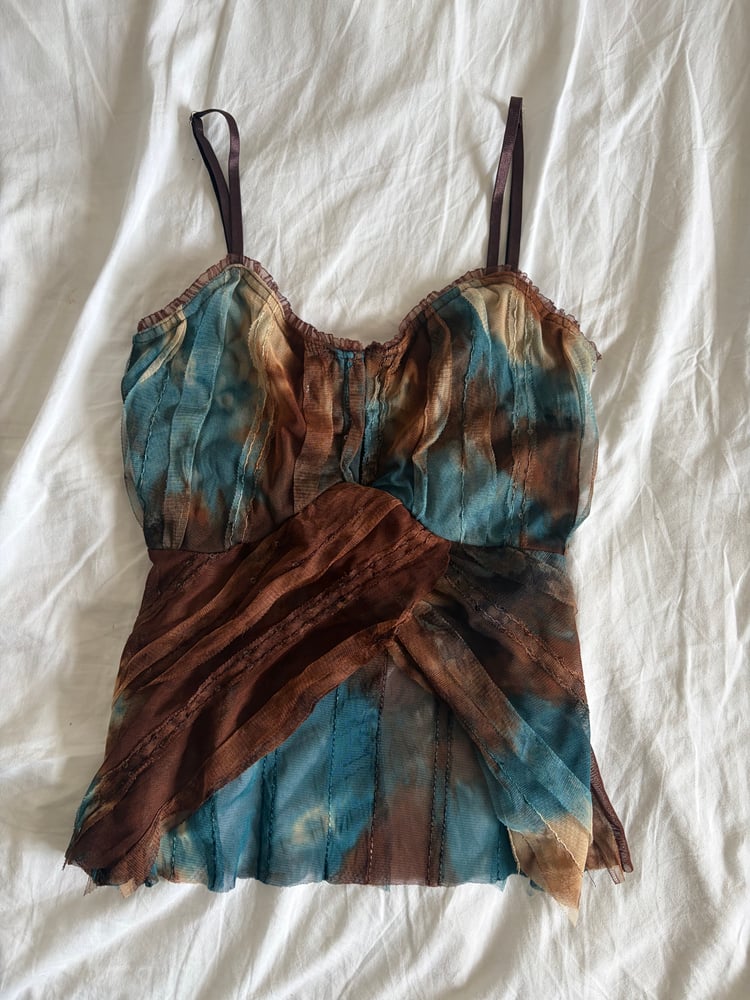 Vintage Y2K brown and blue tie dye sequin cami with hook and eye bust