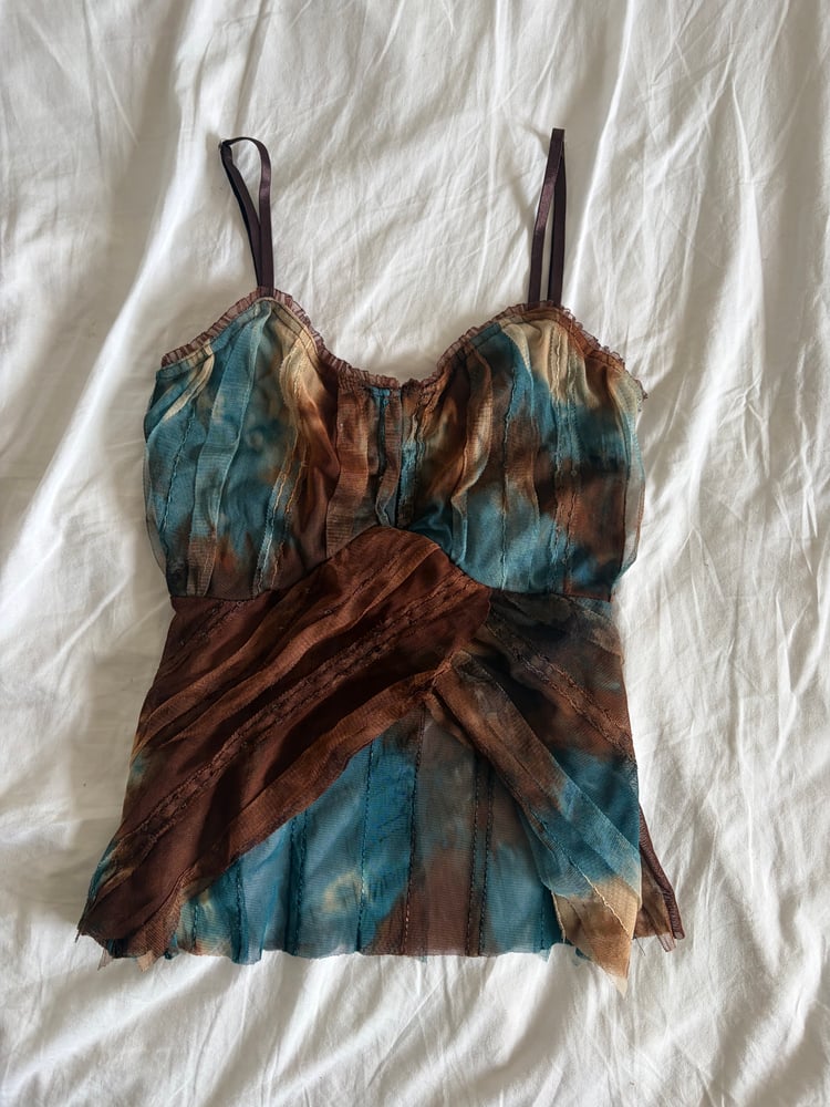Vintage Y2K brown and blue tie dye sequin cami with hook and eye bust