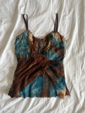 Vintage Y2K brown and blue tie dye sequin cami with hook and eye bust