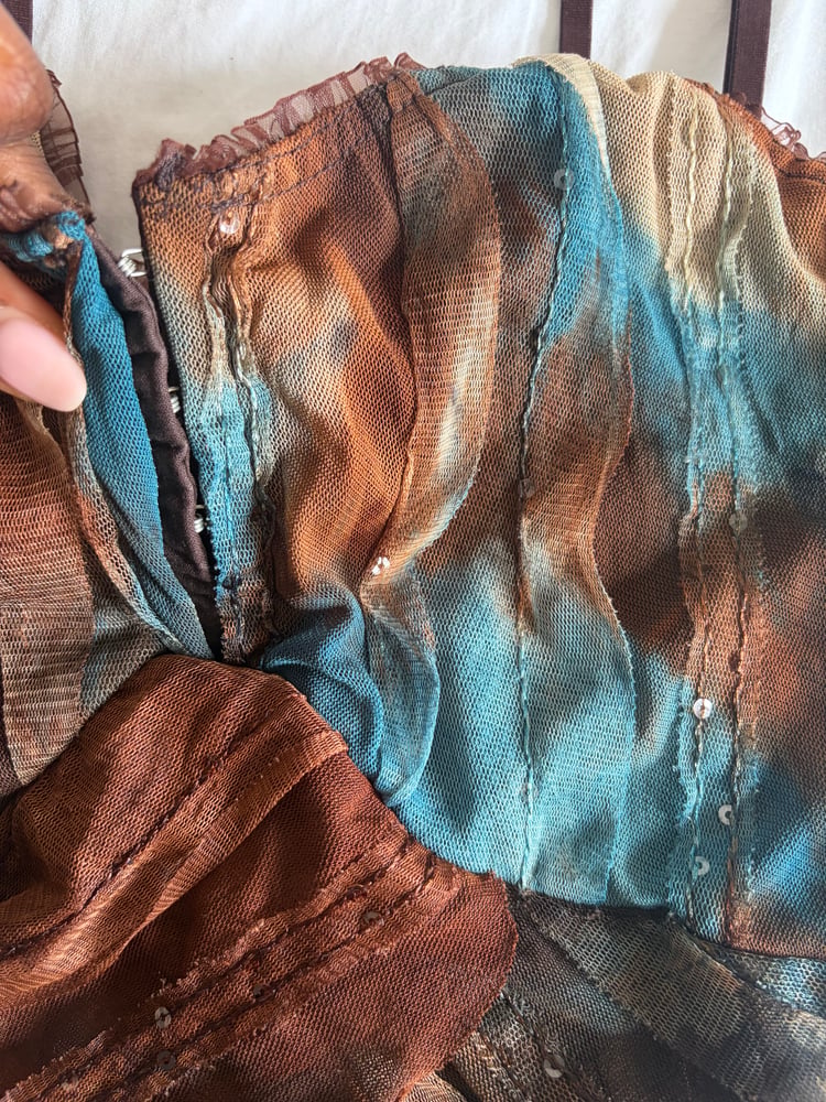 Vintage Y2K brown and blue tie dye sequin cami with hook and eye bust
