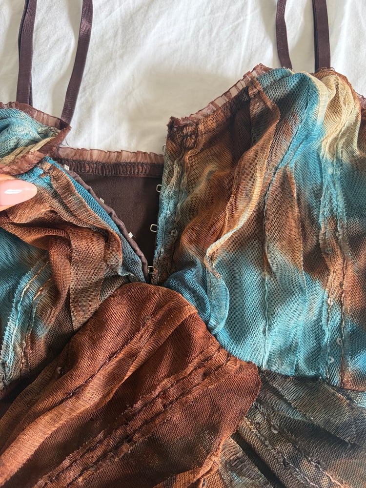 Vintage Y2K brown and blue tie dye sequin cami with hook and eye bust