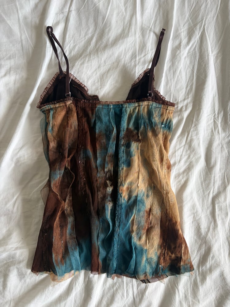 Vintage Y2K brown and blue tie dye sequin cami with hook and eye bust