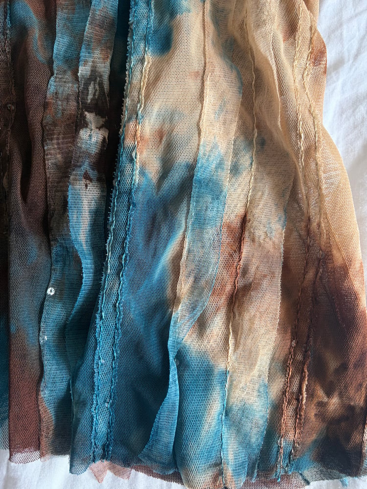 Vintage Y2K brown and blue tie dye sequin cami with hook and eye bust