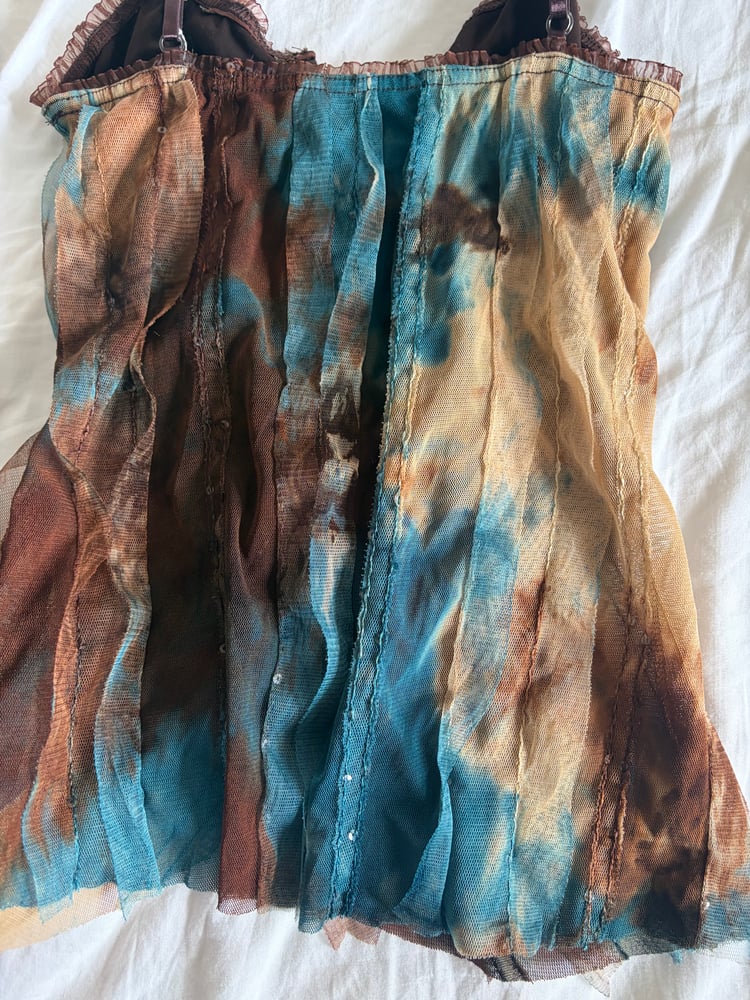 Vintage Y2K brown and blue tie dye sequin cami with hook and eye bust