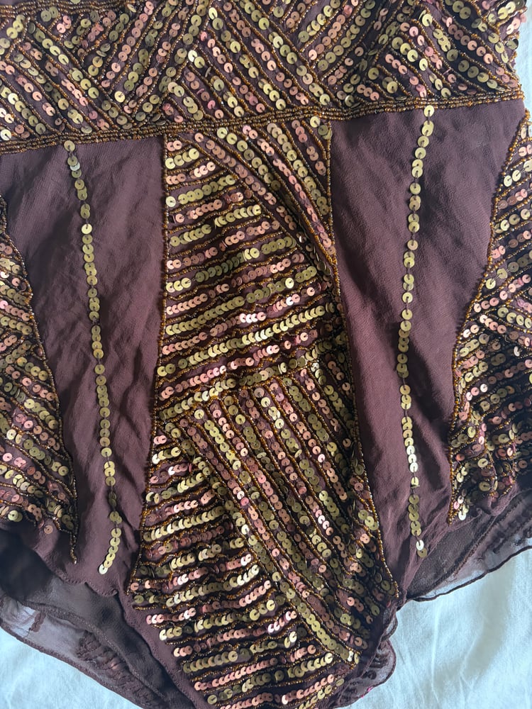 Vintage Y2K Aftershock chocolate brown silk beaded handkerchief hem top