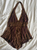 Vintage Y2K Aftershock chocolate brown silk beaded handkerchief hem top