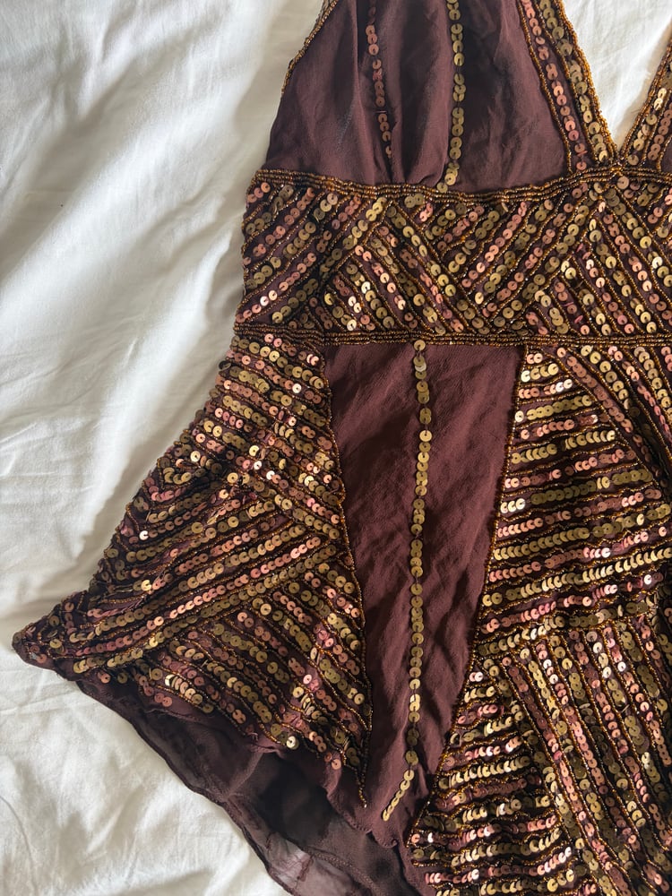 Vintage Y2K Aftershock chocolate brown silk beaded handkerchief hem top