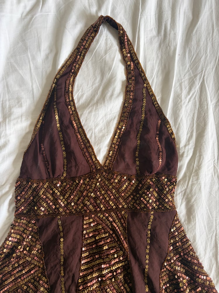 Vintage Y2K Aftershock chocolate brown silk beaded handkerchief hem top