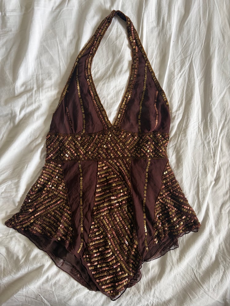 Vintage Y2K Aftershock chocolate brown silk beaded handkerchief hem top