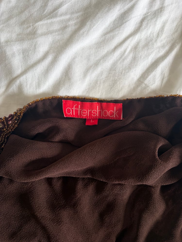 Vintage Y2K Aftershock chocolate brown silk beaded handkerchief hem top