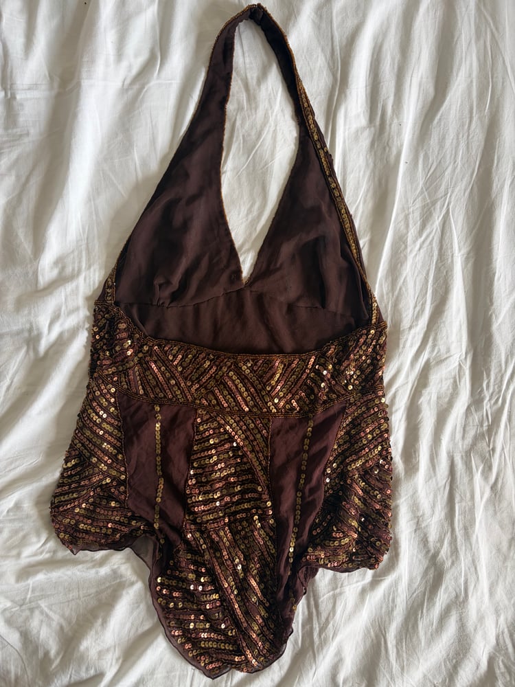 Vintage Y2K Aftershock chocolate brown silk beaded handkerchief hem top