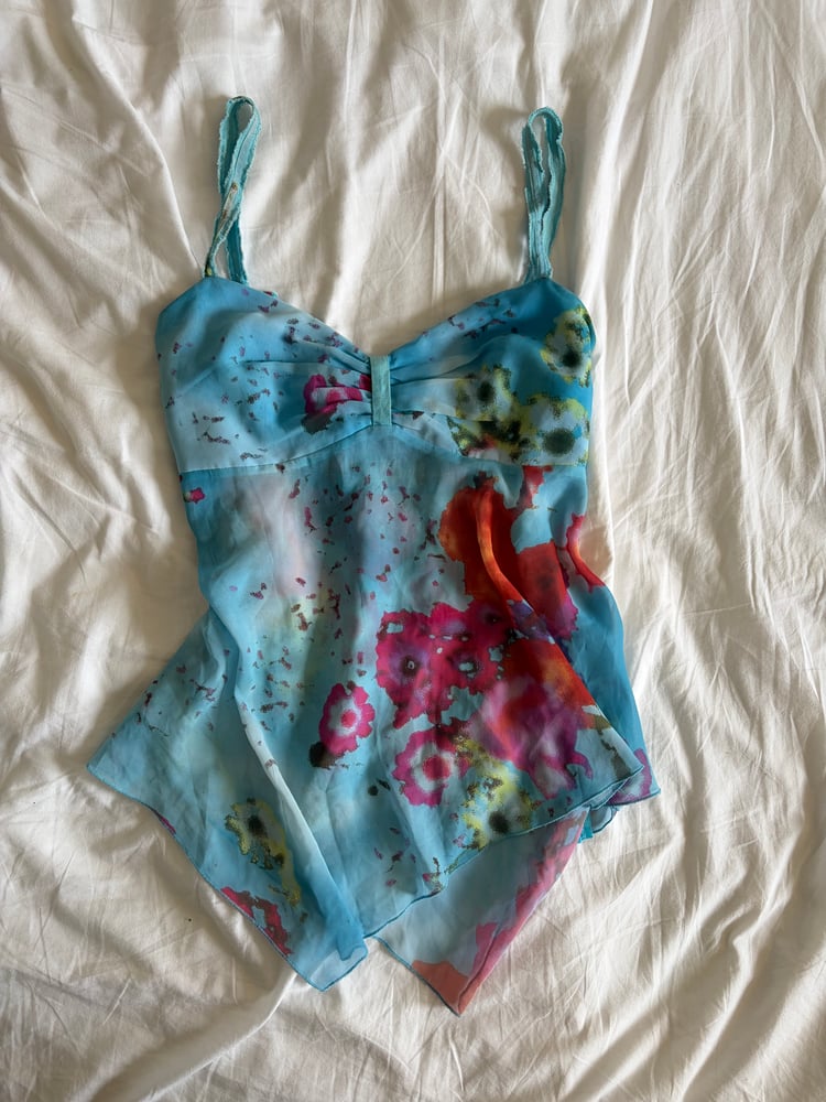 Vintage Y2K blue floral handkerchief hem Zara Larsson ruched bust cami