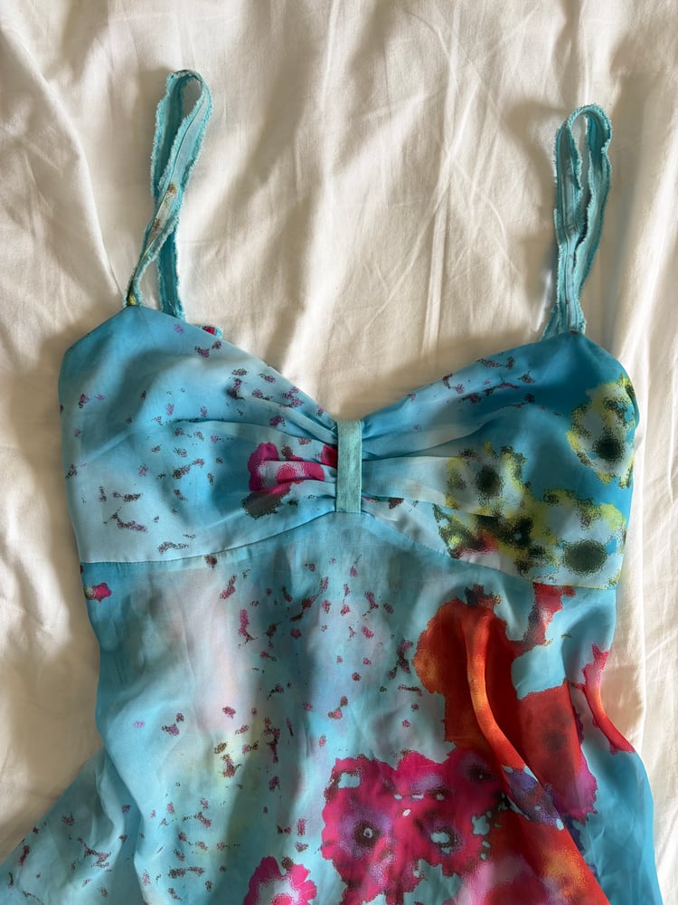 Vintage Y2K blue floral handkerchief hem Zara Larsson ruched bust cami