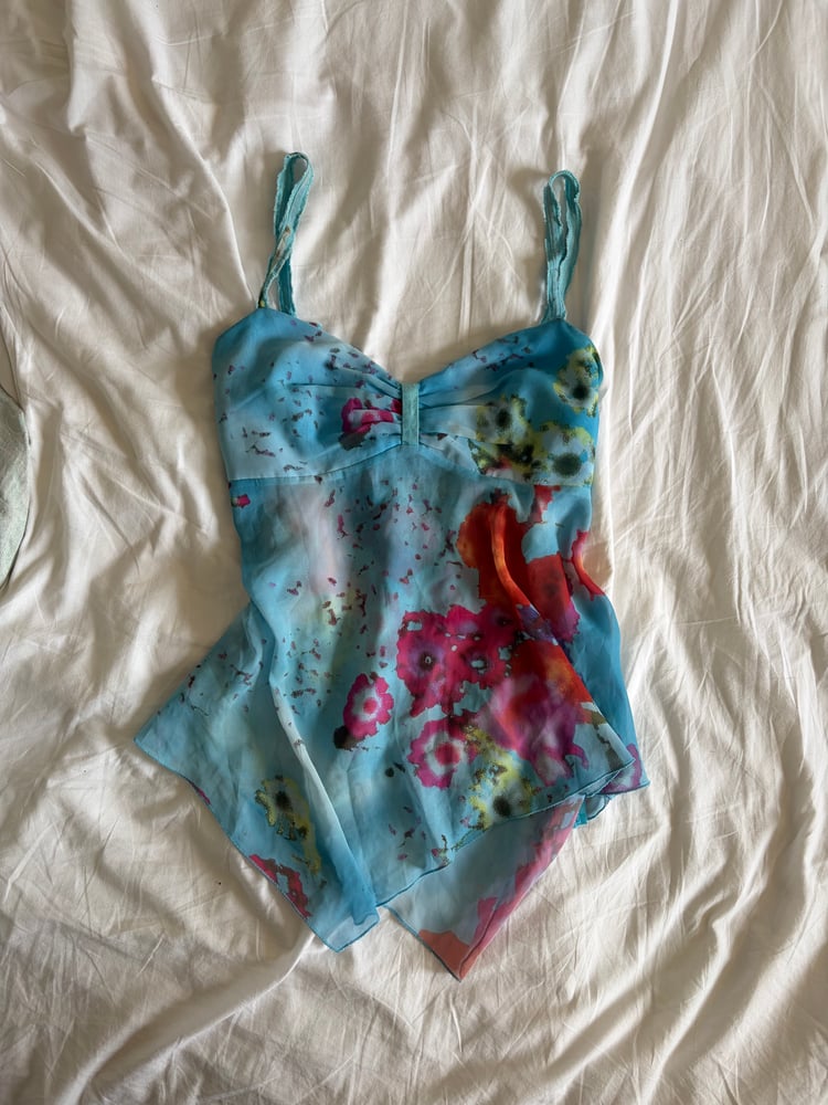 Vintage Y2K blue floral handkerchief hem Zara Larsson ruched bust cami