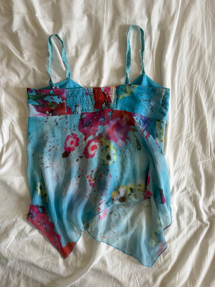 Vintage Y2K blue floral handkerchief hem Zara Larsson ruched bust cami