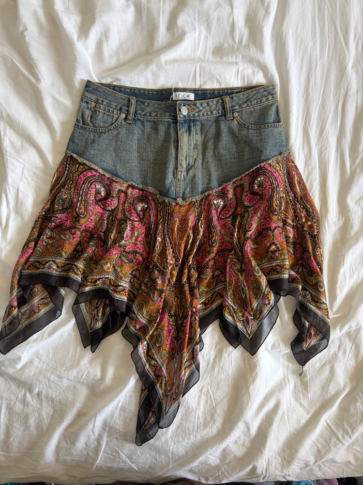 Vintage Y2K denim handkerchief hem beaded and sequin silk fairy skirt