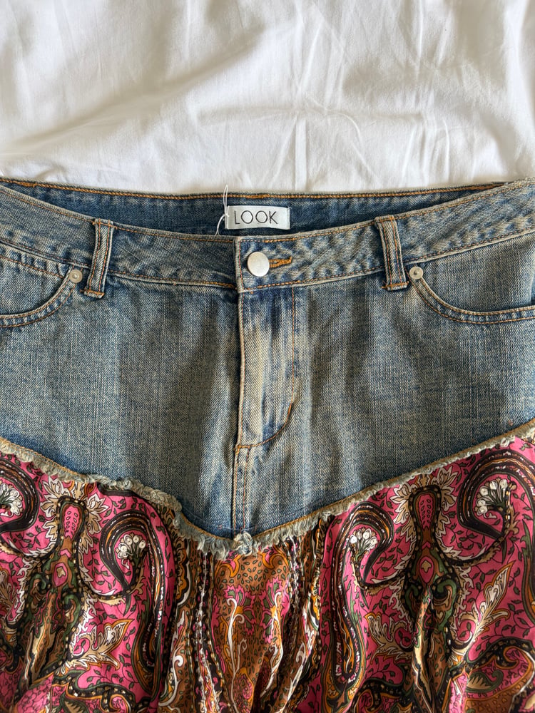 Vintage Y2K denim handkerchief hem beaded and sequin silk fairy skirt