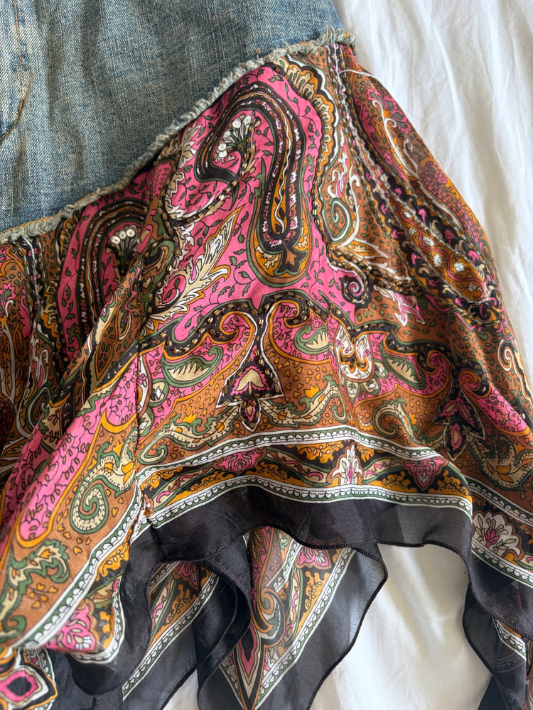 Vintage Y2K denim handkerchief hem beaded and sequin silk fairy skirt
