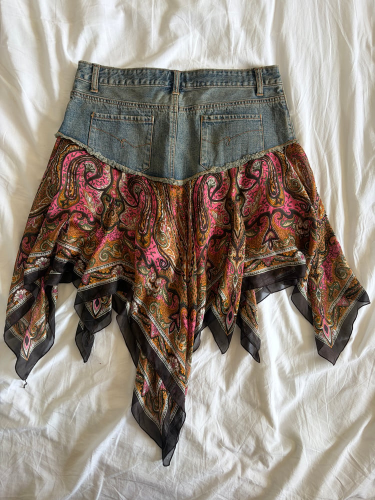 Vintage Y2K denim handkerchief hem beaded and sequin silk fairy skirt