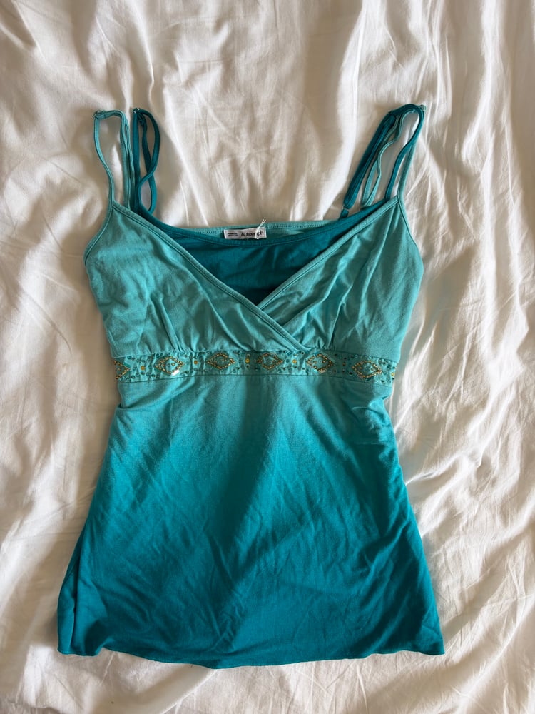 Vintage Y2K blue ombre sequin and beaded bust cami with double strap detail