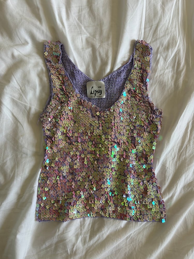 Vintage Y2K 90s Lipsy purple sequin crochet cami