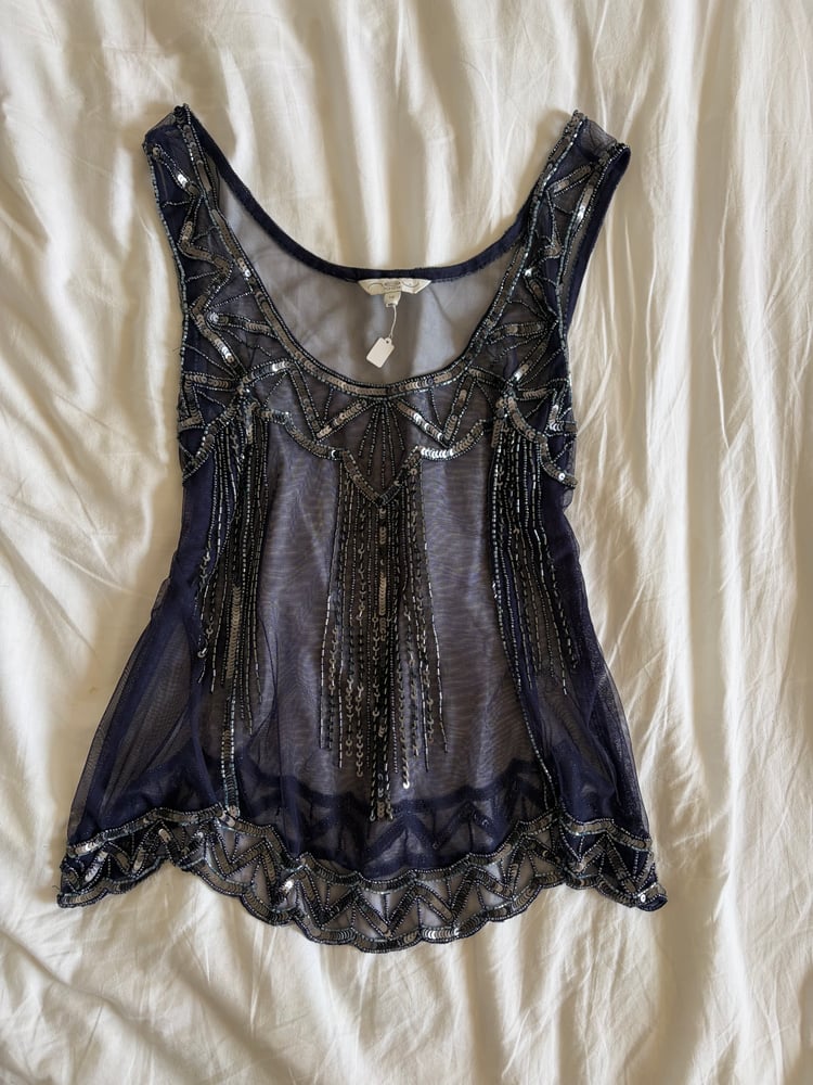 Vintage Y2K navy blue sequin beaded cami with scallop hem