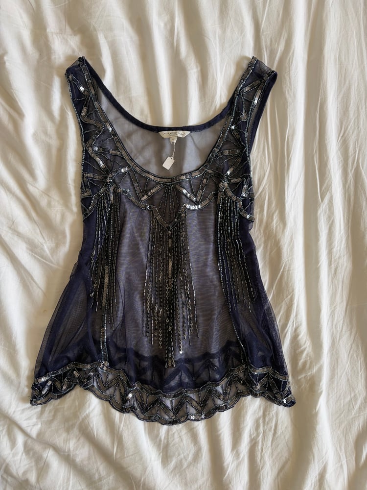 Vintage Y2K navy blue sequin beaded cami with scallop hem