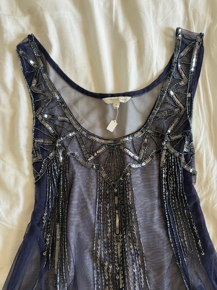 Vintage Y2K navy blue sequin beaded cami with scallop hem
