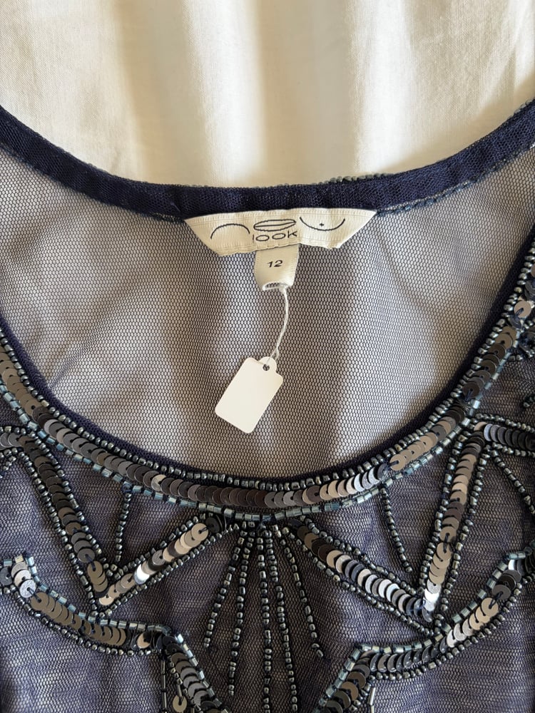 Vintage Y2K navy blue sequin beaded cami with scallop hem