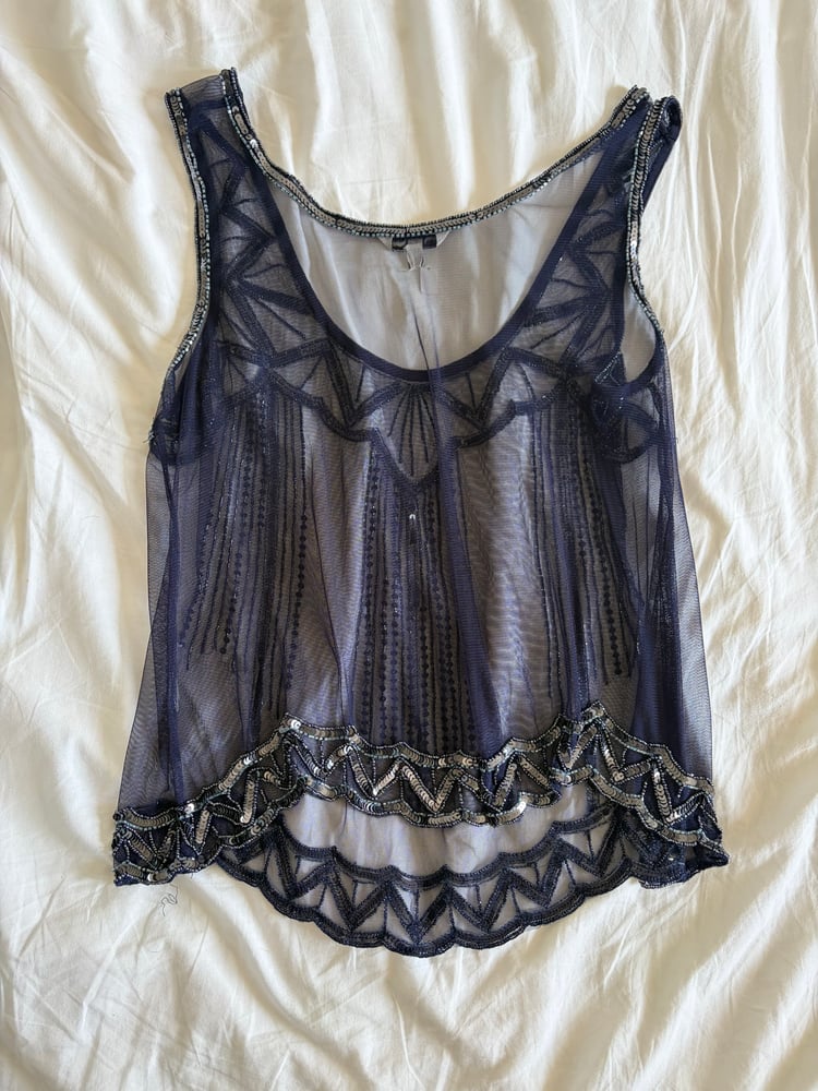 Vintage Y2K navy blue sequin beaded cami with scallop hem
