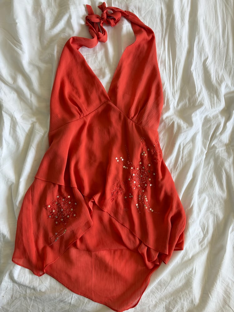 Vintage Y2K Orange sequin halter neck fairy cami with handkerchief hem