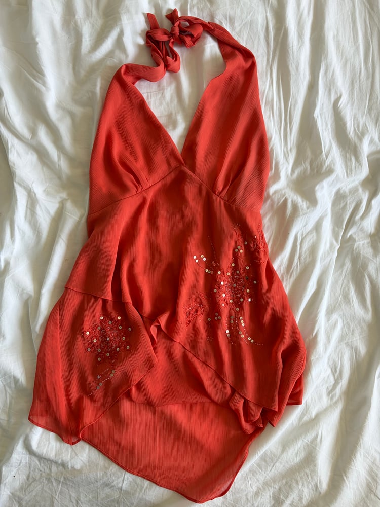 Vintage Y2K Orange sequin halter neck fairy cami with handkerchief hem