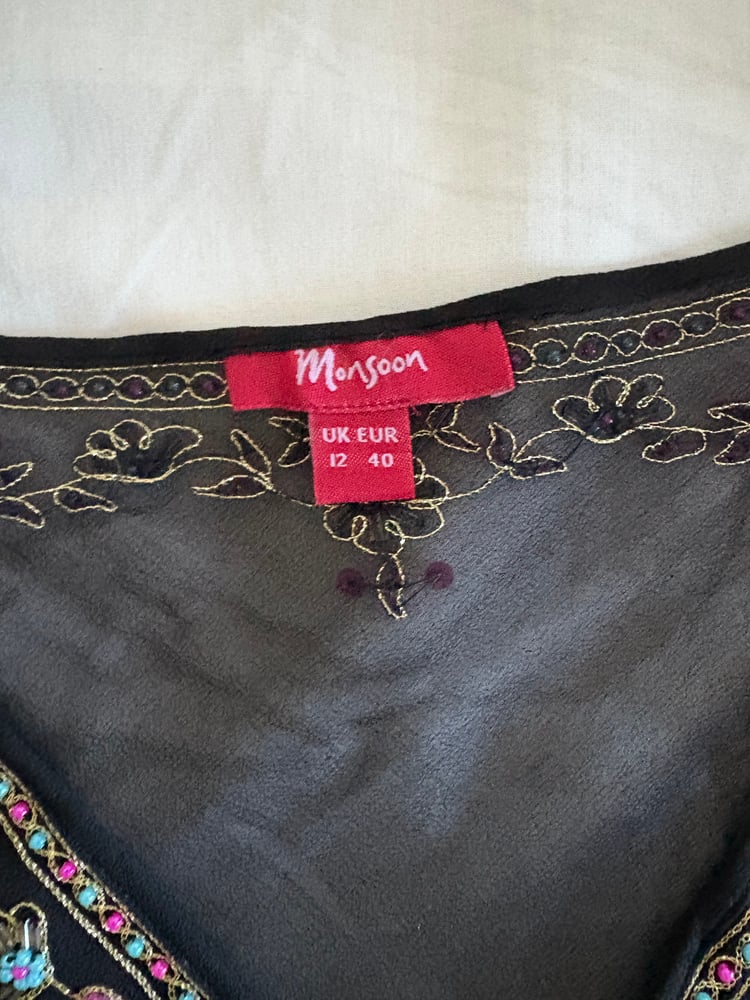 Vintage Y2K Monsoon silk black embroidered bell sleeve fairy top