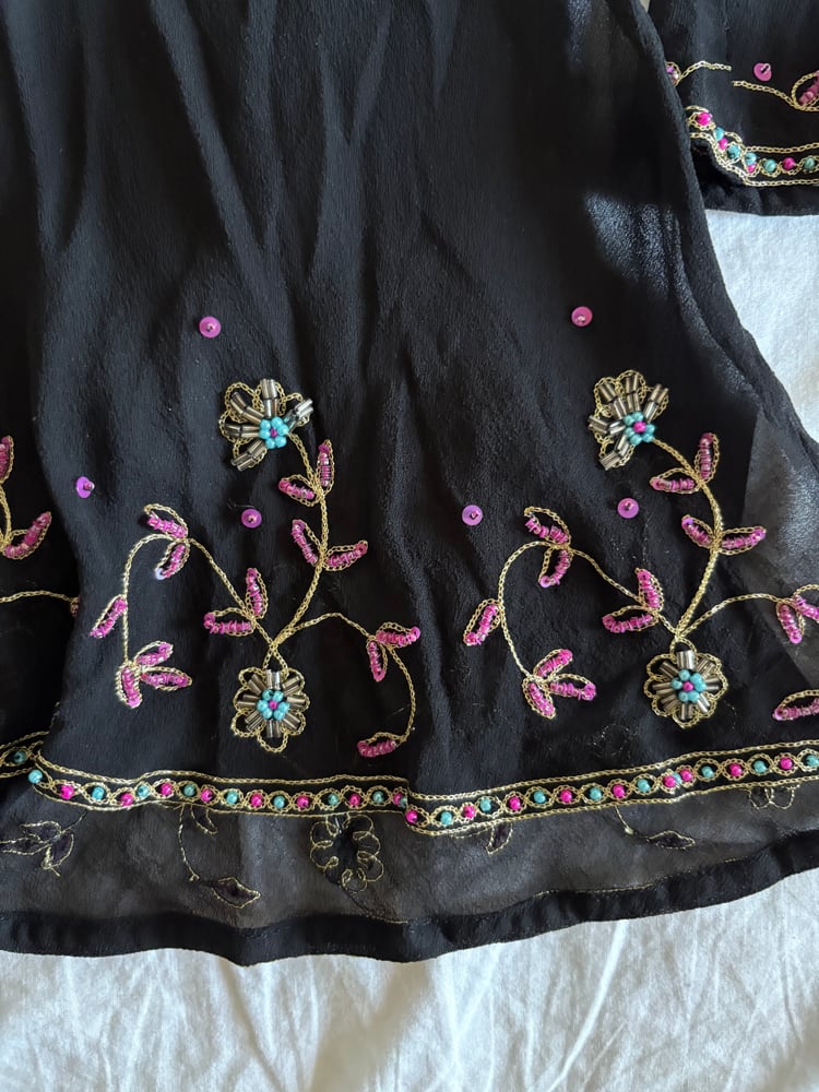 Vintage Y2K Monsoon silk black embroidered bell sleeve fairy top